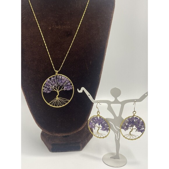 Tree Of Life Gold Tone Amethyst Pendant  Necklace & Matching Earrings New - Picture 1 of 9